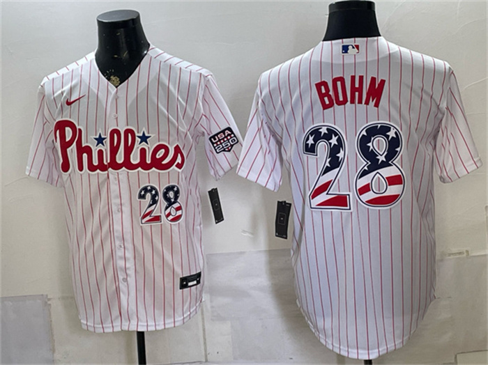 Men's Philadelphia Phillies #28 Alec Bohm White USA 250 Fourth of July Home Stitched Baseball Jersey